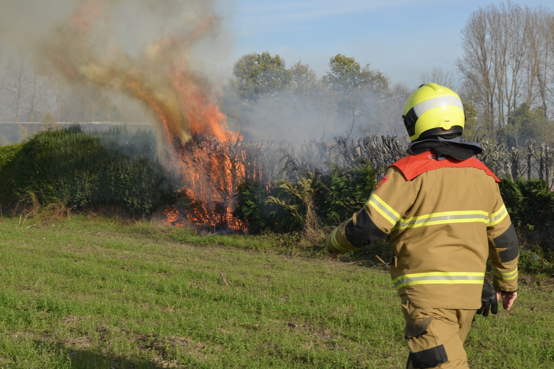 Felle brand verwoest heg op erfafscheiding