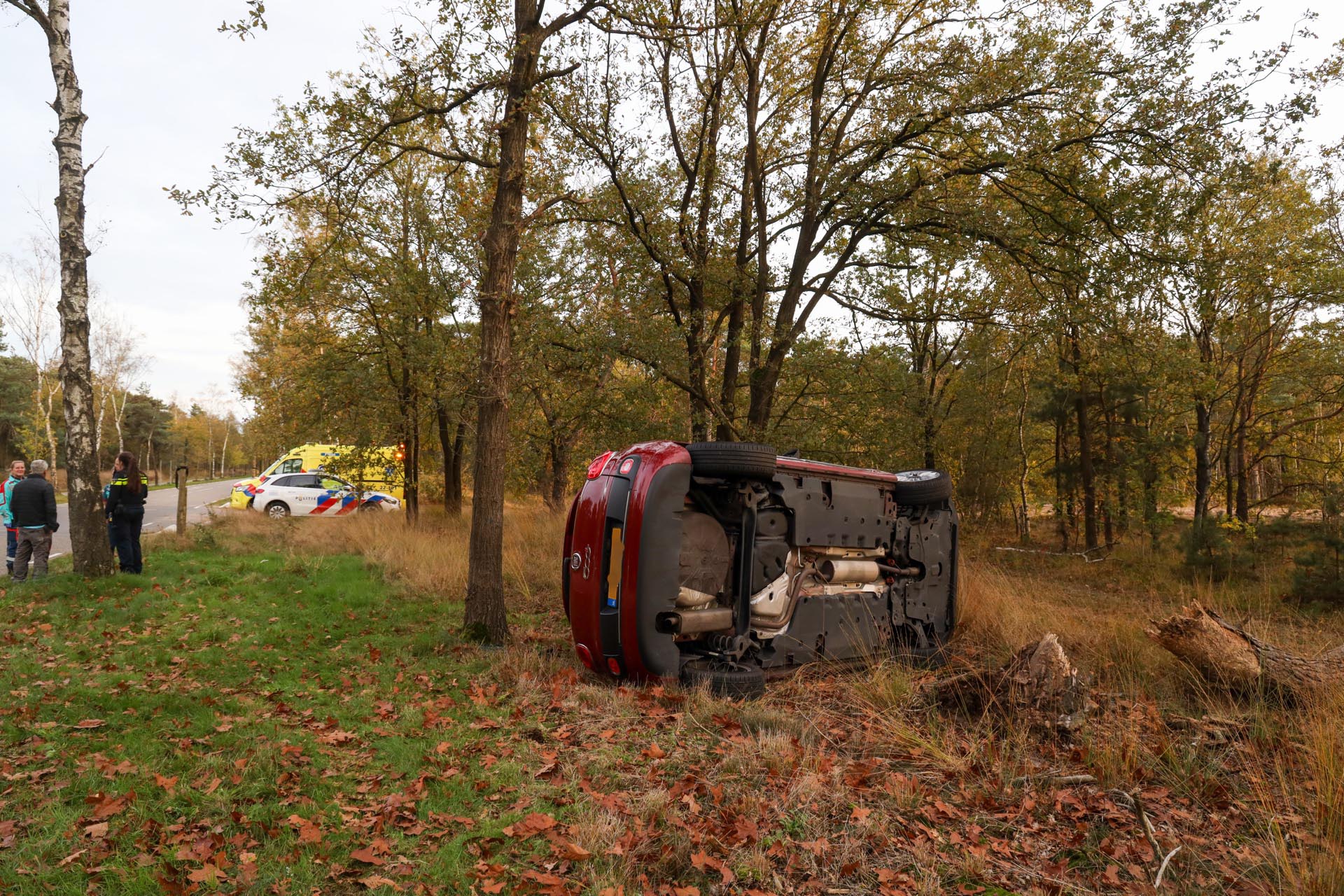 Personenauto op zijn kant na uitwijken voor dier
