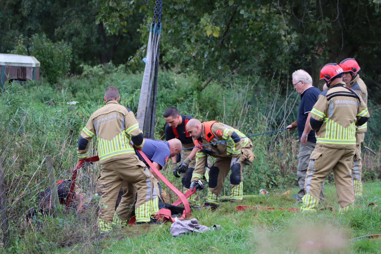 Brandweer is uur bezig om paard uit sloot te redden