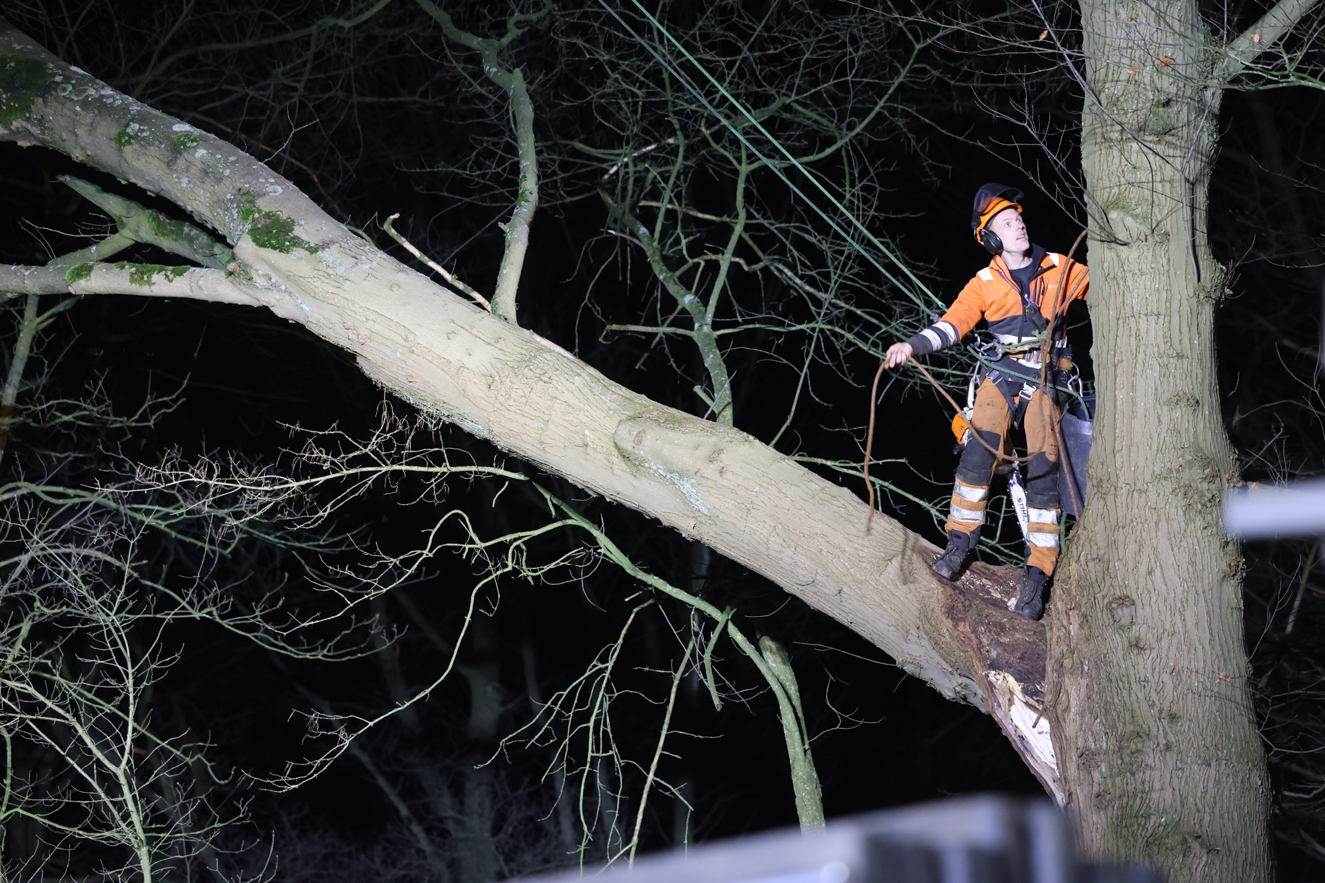 Boomklimmer en telescoopkraan ingezet bij stormschademelding