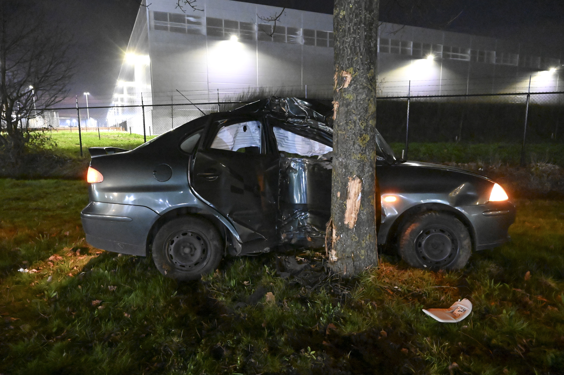 Auto zwaar beschadigd na botsing tegen boom