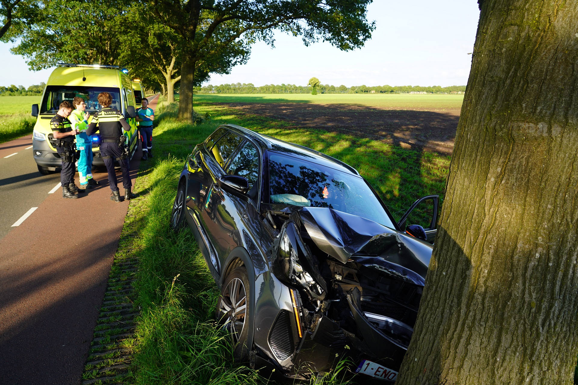 Auto botst tegen boom, bestuurder met spoed naar ziekenhuis
