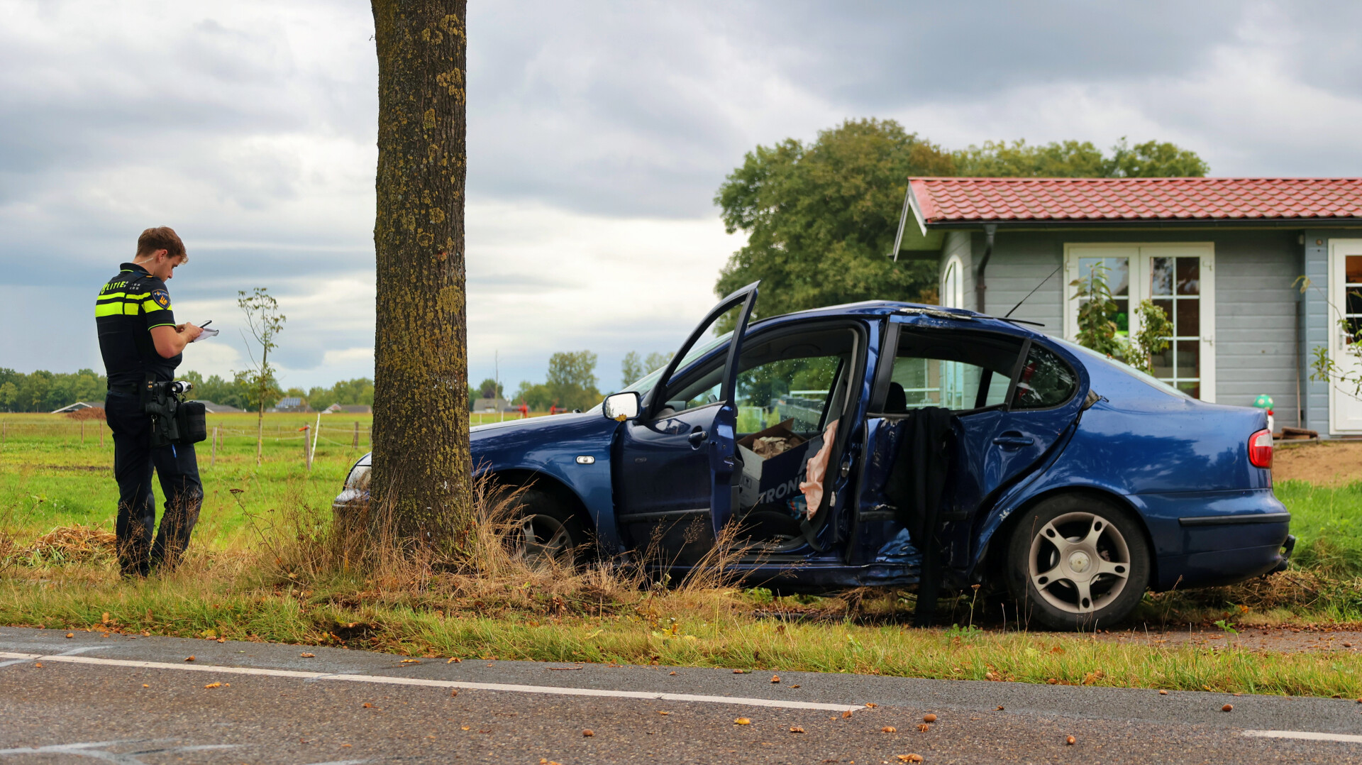 Auto raakt van de weg en botst tegen boom