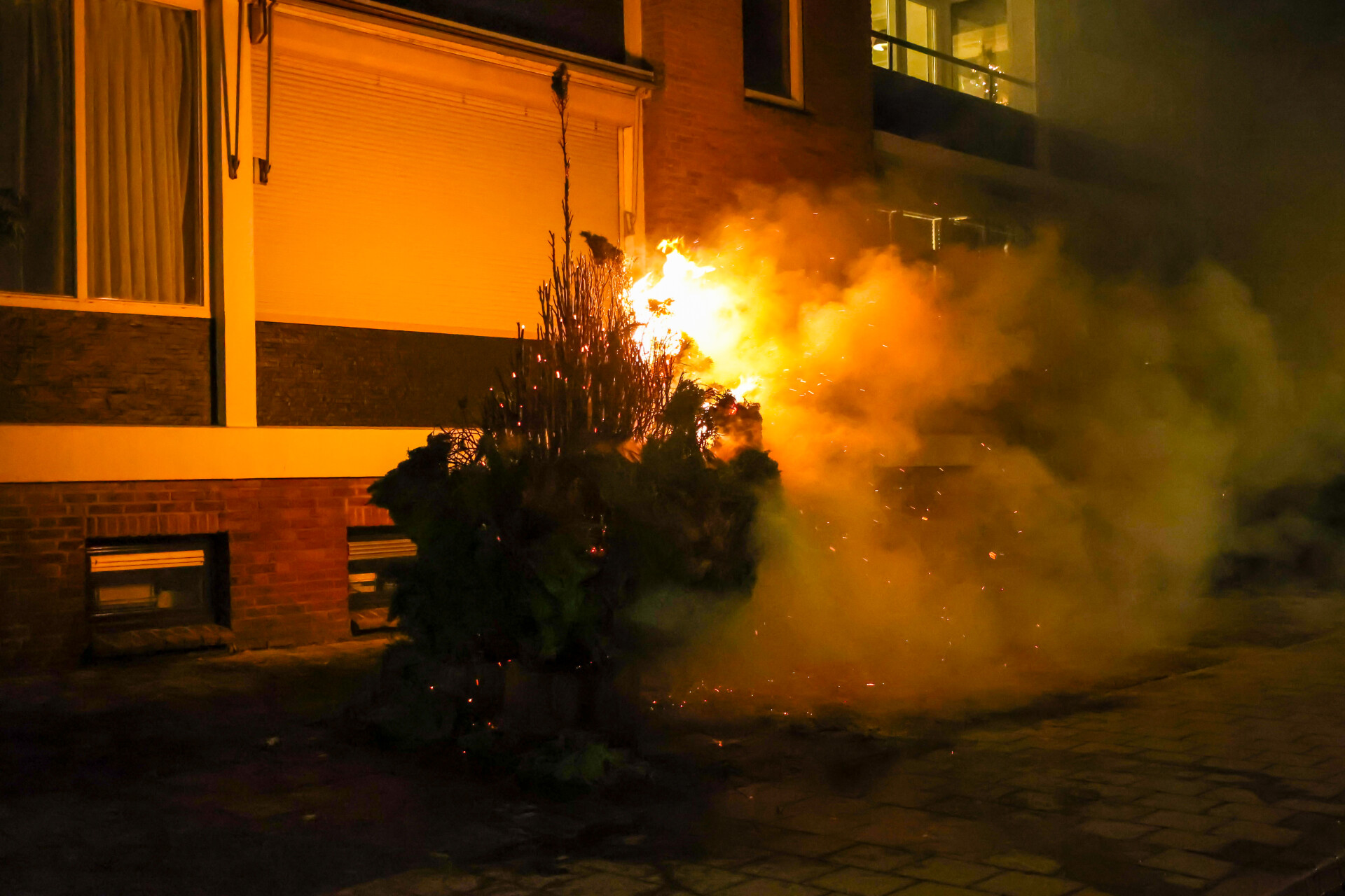 Brandweer rukt met spoed uit voor brandende conifeer langs appartementen