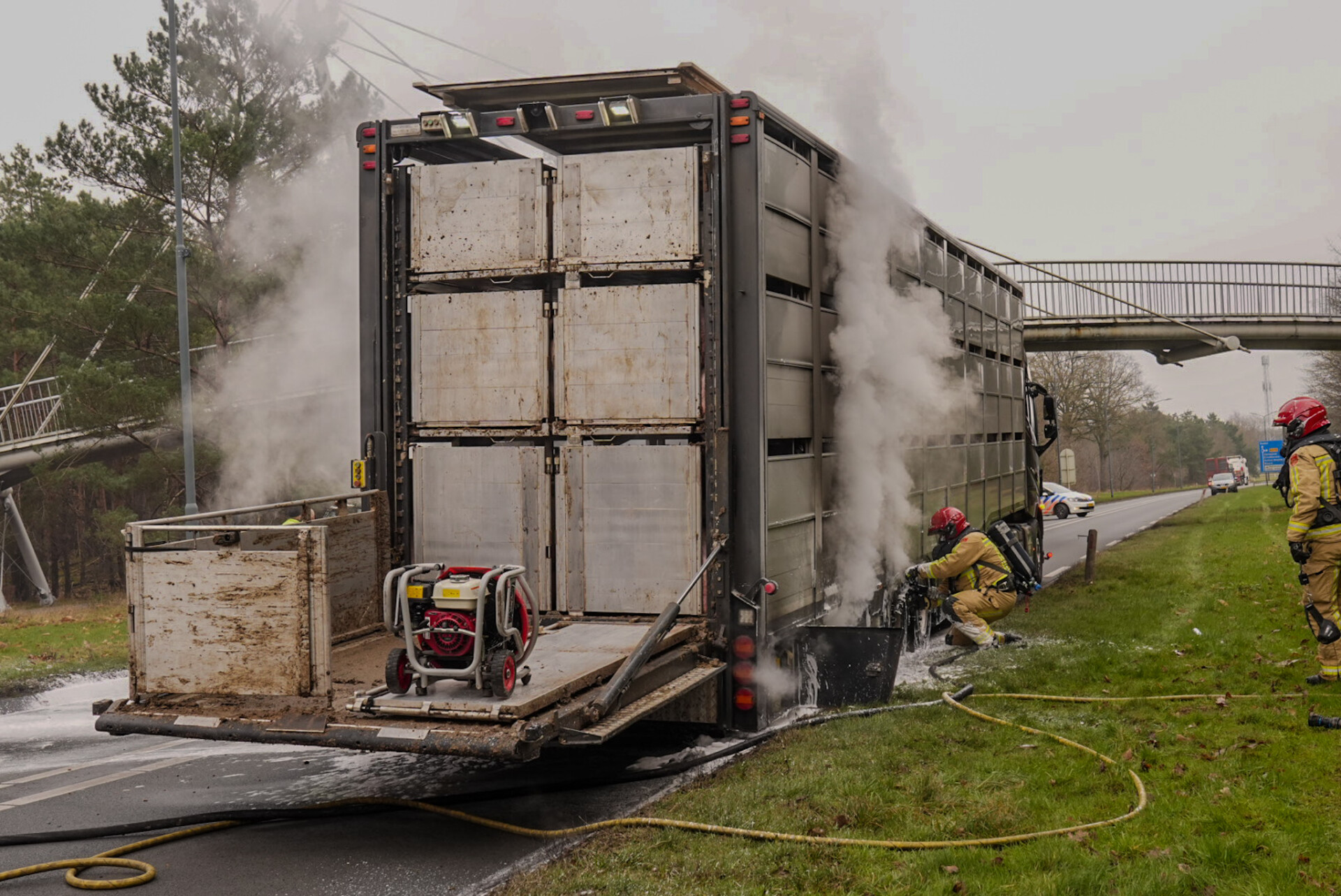 Vrachtwagen met varkens vliegt in brand