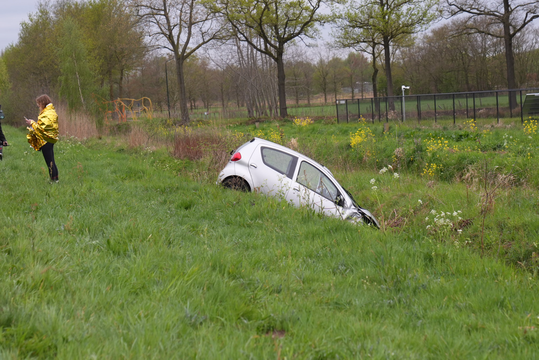 Auto in sloot na ongeval: twee bestuurders en hondje ongedeerd