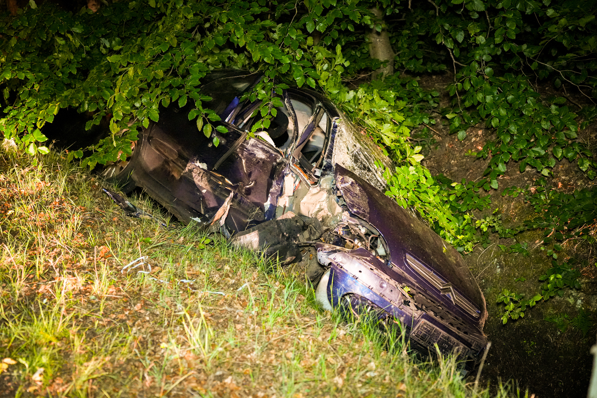 Auto ramt meerdere bomen en belandt in de sloot, bestuurder onder invloed