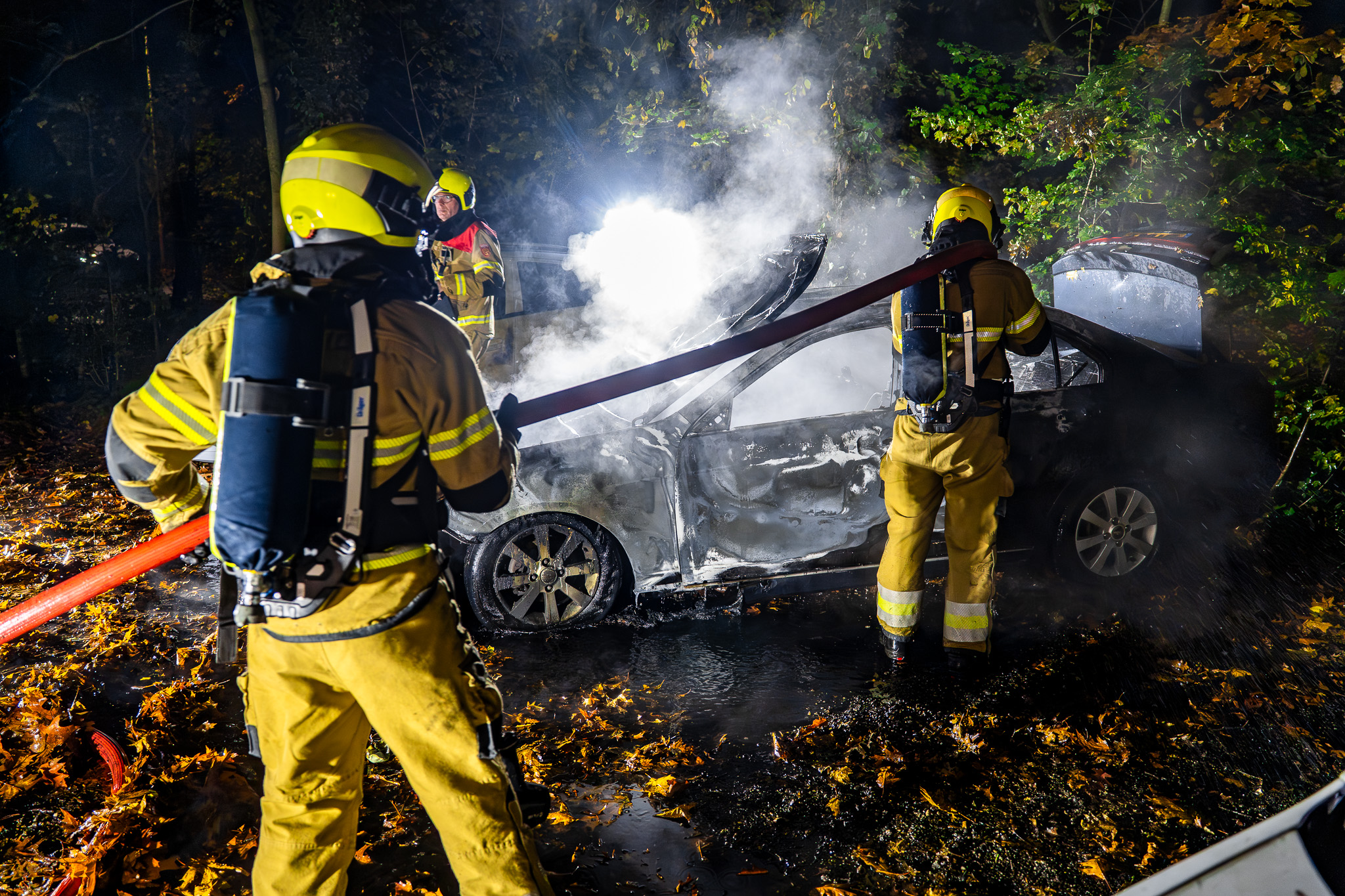 Auto vliegt in brand op parkeerplaats in bosgebied