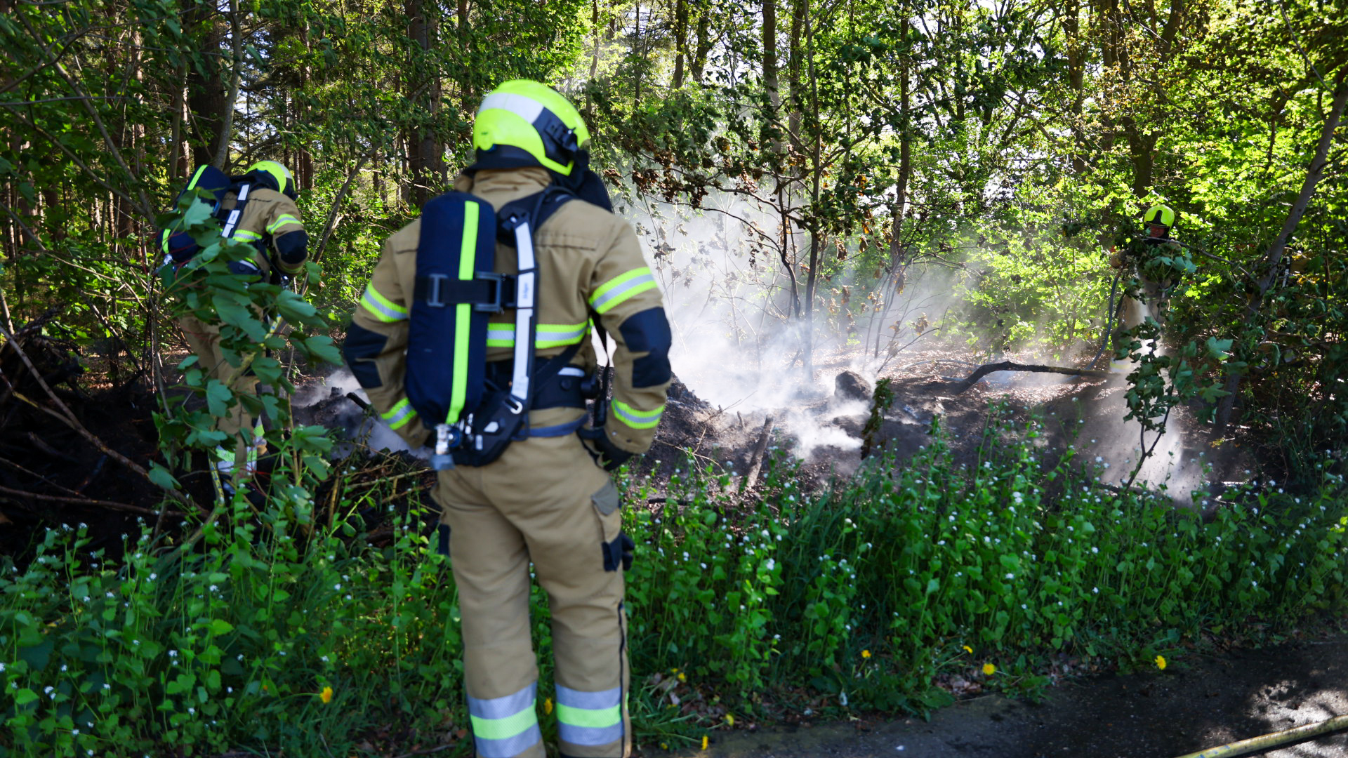 Firefighters in tan protective gear and neon helmets extinguish a small brush fire in a wooded area, smoke rising nearby.