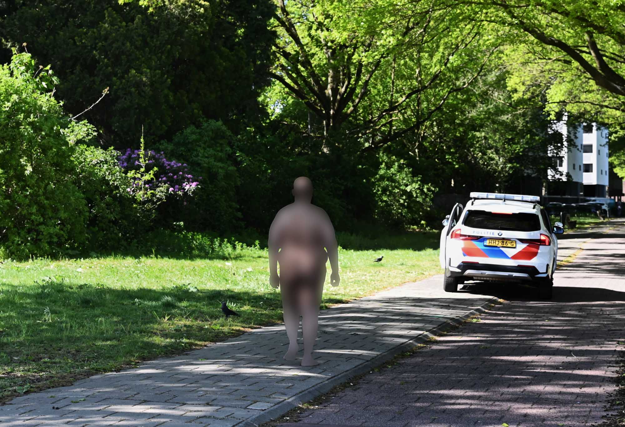 Gray featureless humanoid figure standing on a park sidewalk with trees and a police car in the background.