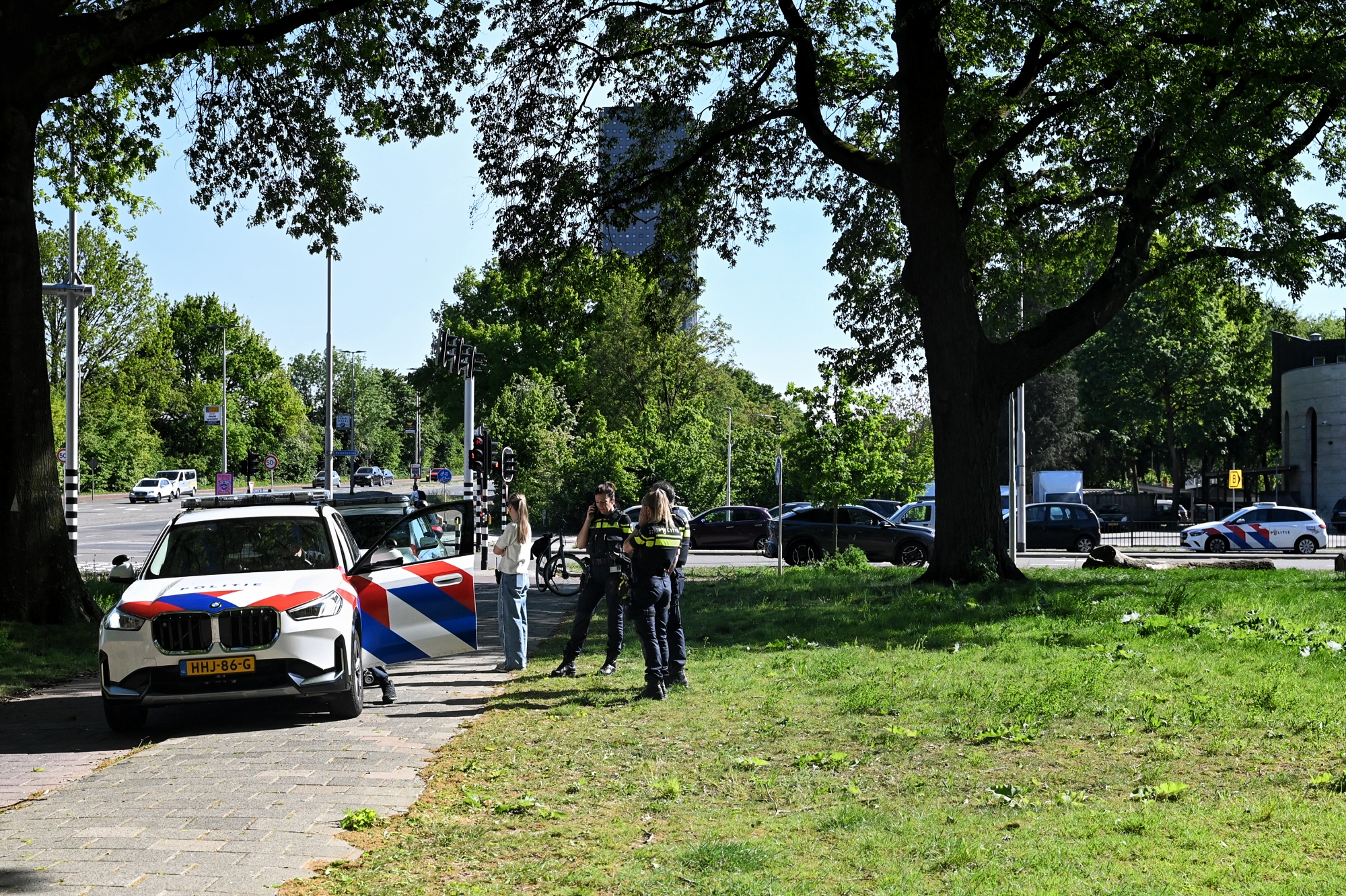 Police officers conversing beside a Dutch police car on a sunny street with green trees overhead.