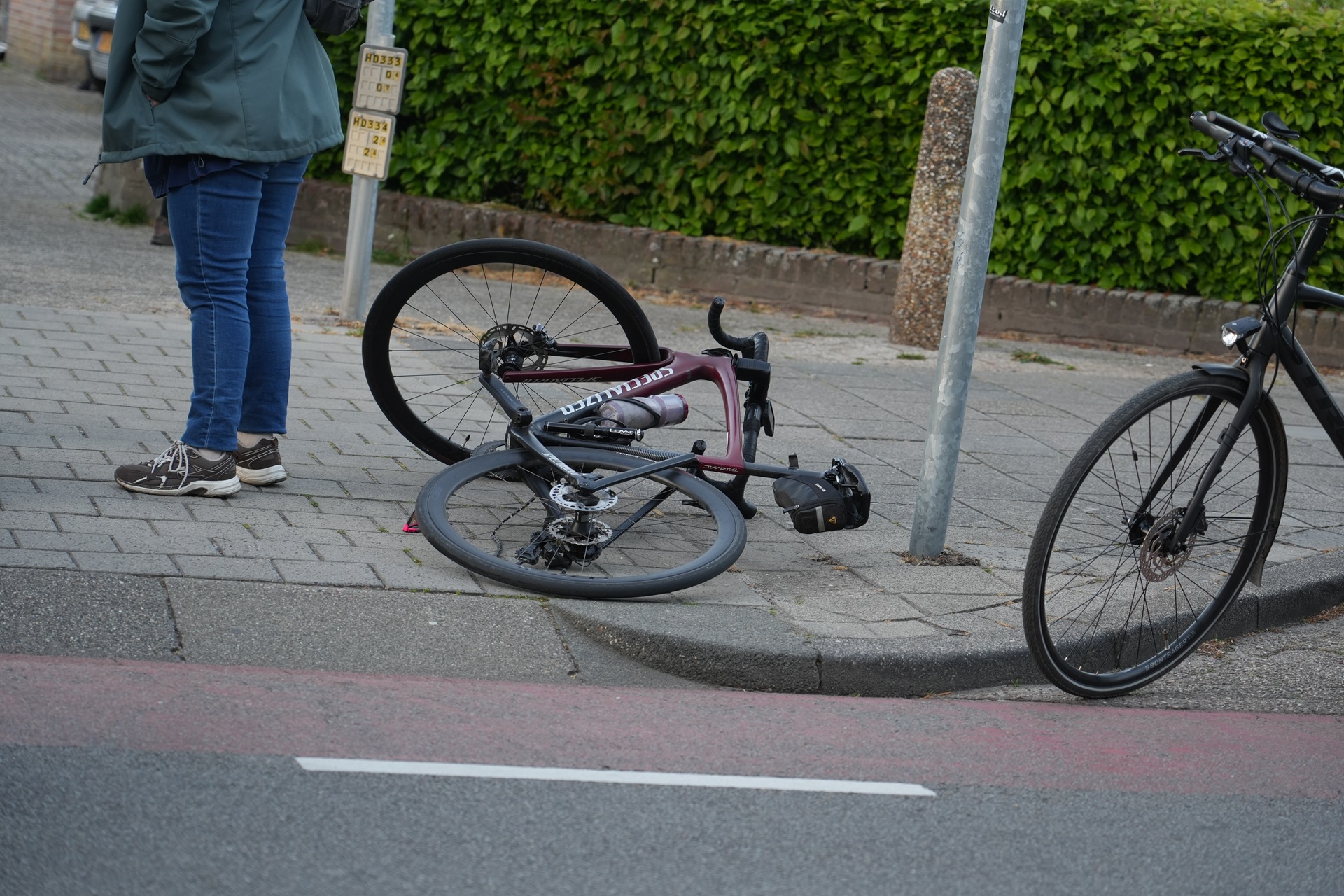 A person wearing a teal jacket and jeans stands beside a fallen maroon bicycle on a paved sidewalk with a hedge in the background.