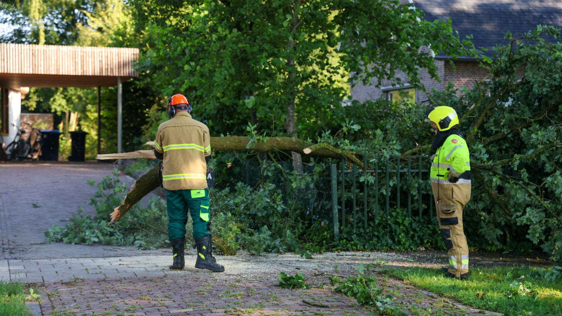 Omgewaaide bomen blokkeren inrit woning